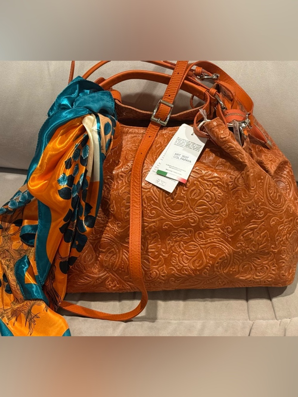 Isadora Embossed Floral Genuine Italian Leather Tote in Papaya